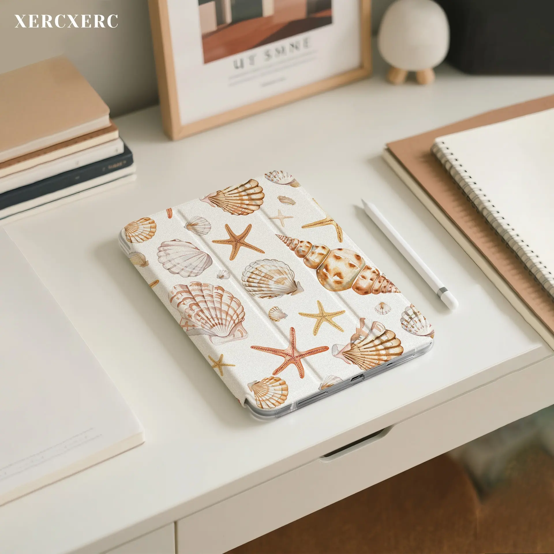 iPad case ipad accessories Watercolor Seashell & Starfish Pattern iPad Case, PU Flip + TPU Soft Shell, 3 - Fold Stand/Pen Slot/Shockproof/Auto Wake Sleep, Fall/Back to School/Gift for Pro 12.9/11/10.9 (2025/2024), Air 11inch/10.9/10.5, Mini 8.3, Galaxy Ta