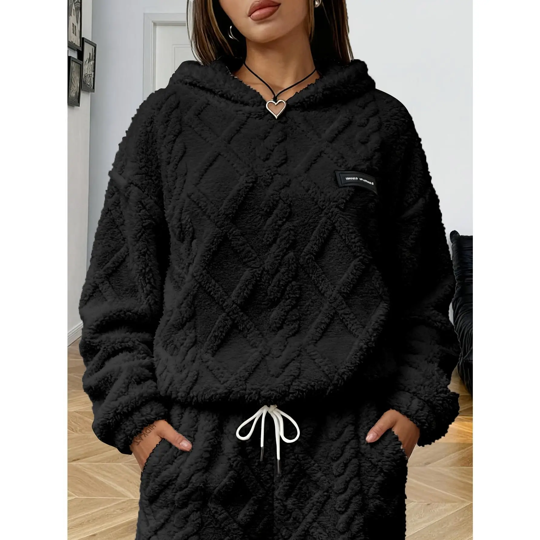Women’s Minimalist Solid Long-Sleeve Nylon Hooded Pullover with Drawstring Closure, Constructed with Soft Plush Fleece Inner Lining and Generous Loose Fit, Designed as Casual Apparel for Indoor Daily Use and Outdoor Activities in Cool Temperatures