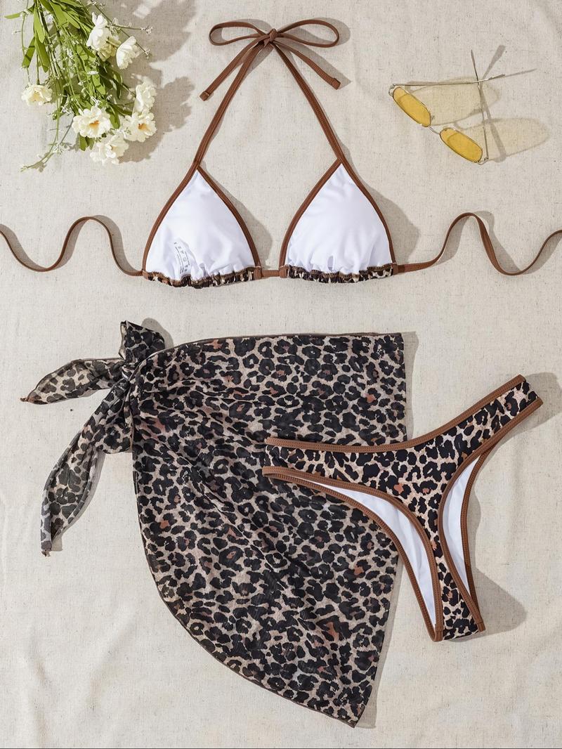 Three-Piece Set Women's Floral Print Bikini Set, Casual Halter Triangle Swim Bra & Swim Panty & Plain Knot Side Cover Up Skirt, 2024 Summer Swimsuit for Beach Vacation