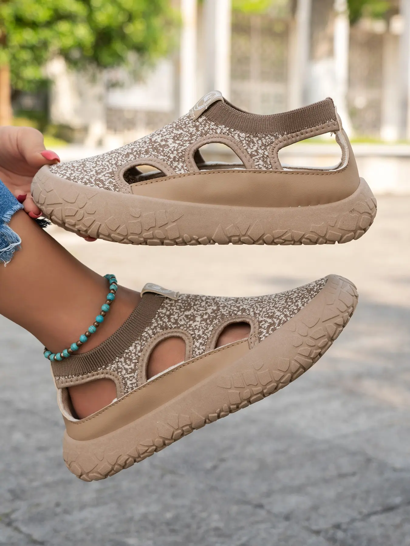 Striped Hollow Out Knit Back Strap Women's Sandals, Breathable Mesh Slip-On Summer Walking Shoes, Soft Thick Anti-Slip Sole