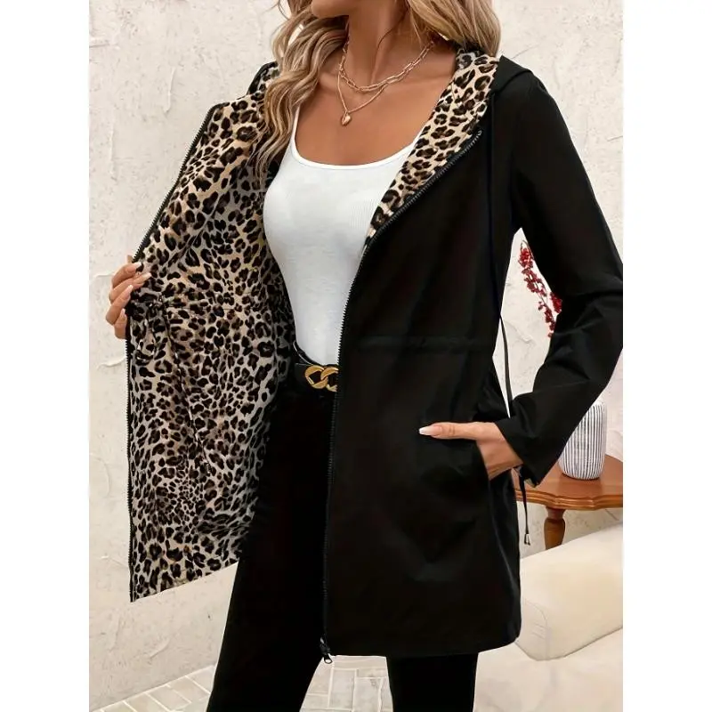 Lightweight Polyester Women's Elegant Leopard Print Hooded Jacket | Double-Sided Open Front Spring/Fall Outerwear, Machine Washable | Stylish Leopard Print | Spring Jacket