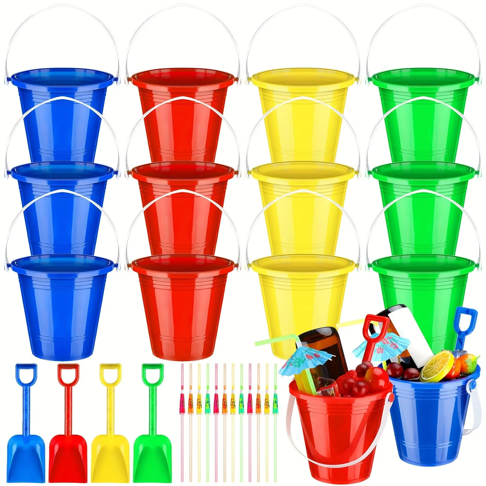 of 12 Plastic Buckets for Beverages, Complete with 40 Vibrant Straws. These Portable Cocktail Buckets Can Also Serve As Ice Cream Containers, Featuring Handles for Easy Use. Ideal for Summer Gatherings, Bars, And Kitchens