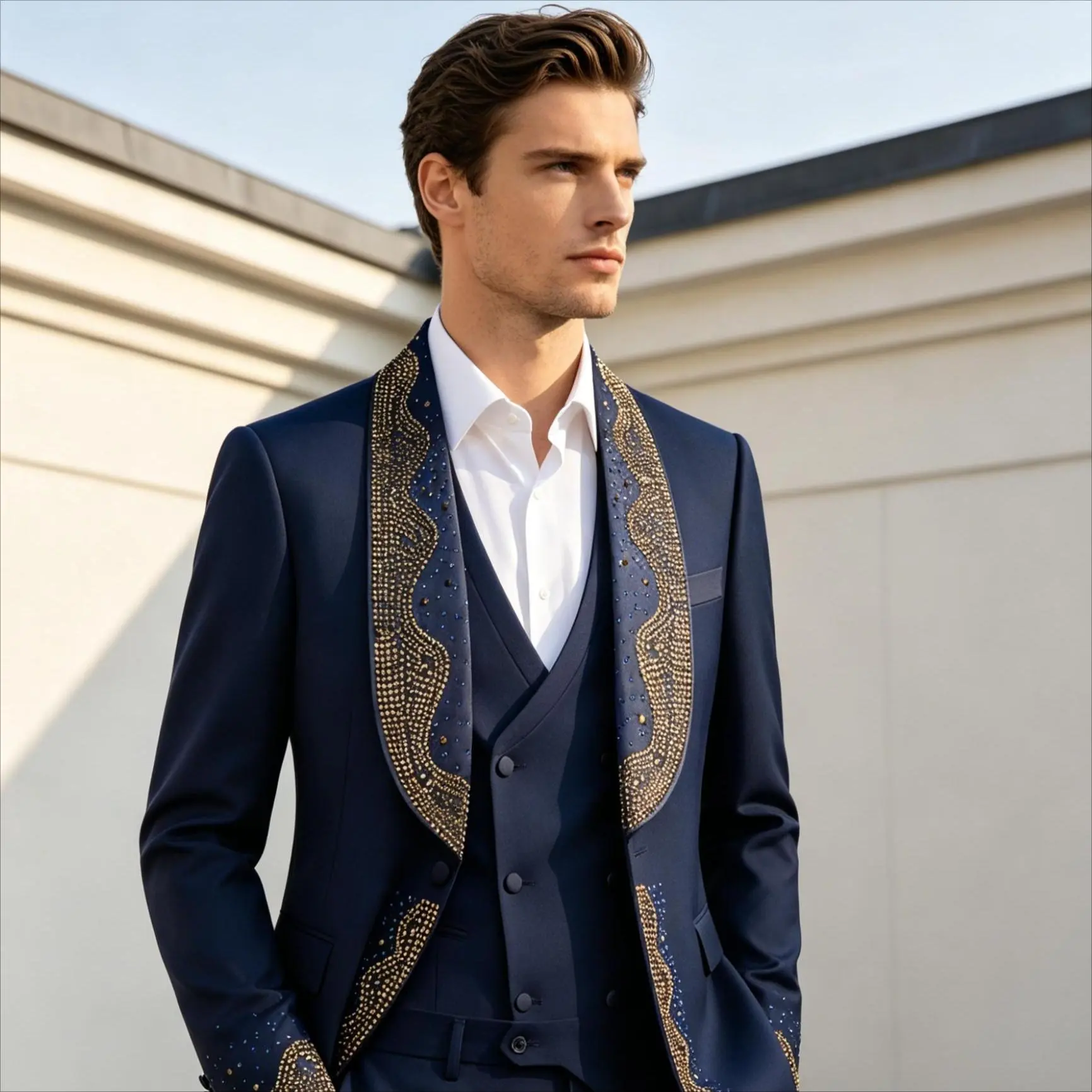 Men's 3-Piece Fitted Tuxedo Suit - Elegant Smooth Polyester Blazer with Rhinestone Trim Shawl Lapel, Wave Pattern Vest, V-Neck, Button Closure, No Extras, Matching Pants with Pocket, Formal Wear for Weddings, Galas, Fashion