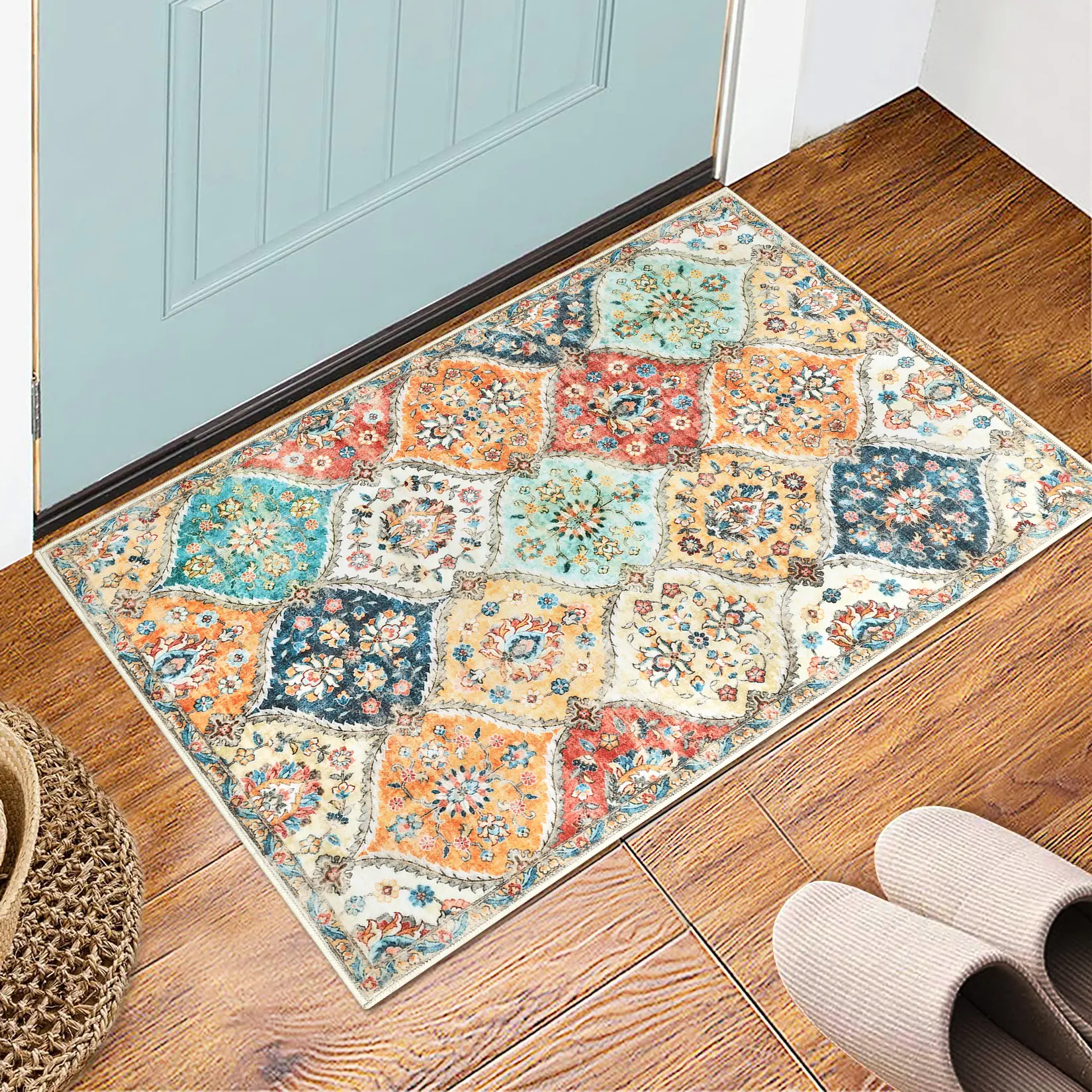 Vintage Area Rugs Washable Floral print Floor Cover, Non-Slip Oriental Accent Carpet, Foldable Low Pile Indoor Mat for Kitchen, Bedroom, Living Room