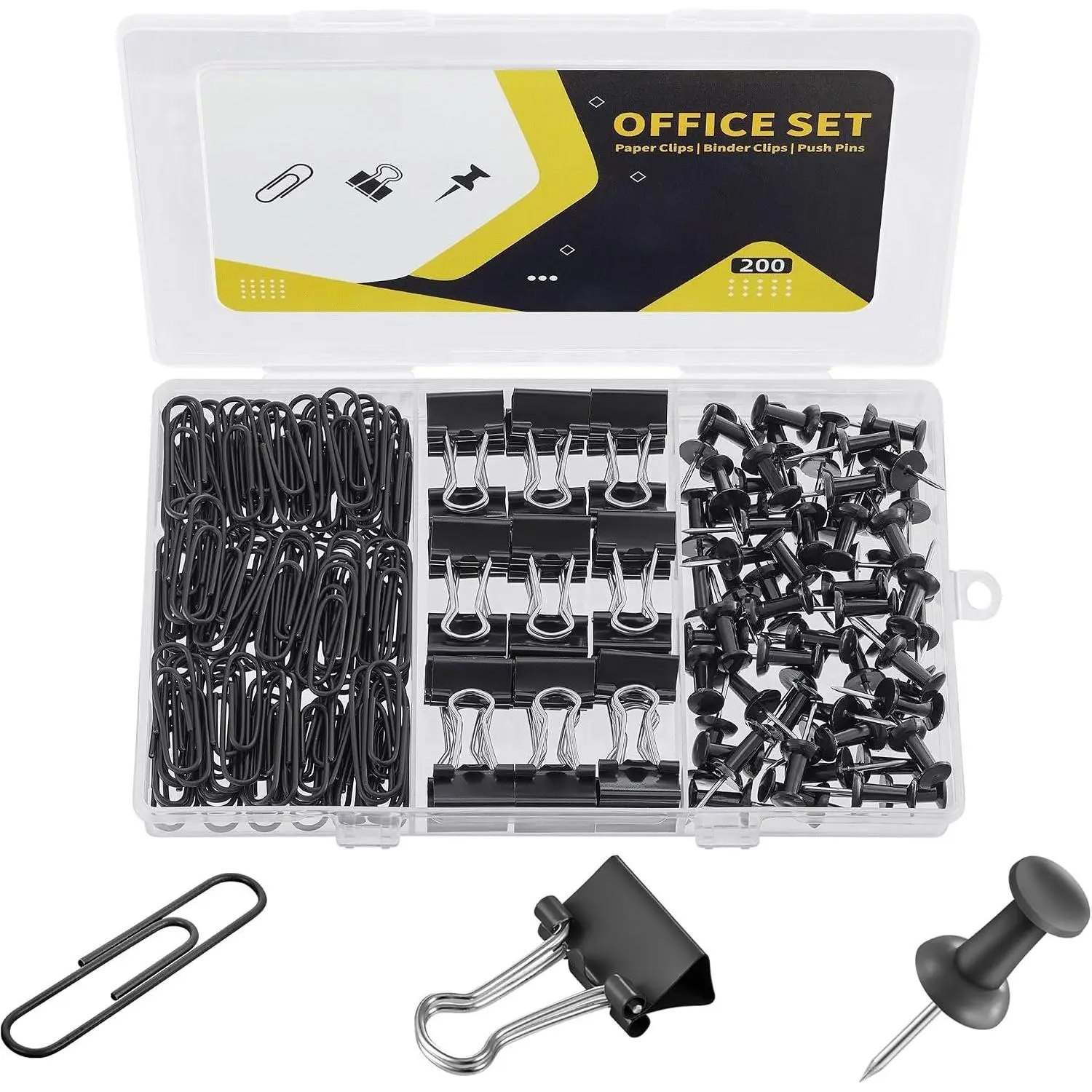 200 count Paper Clips Binder Clips and Push Pins Set, Mini Clips and Thumb Tacks for Multipurpose Document Organization (Black)
