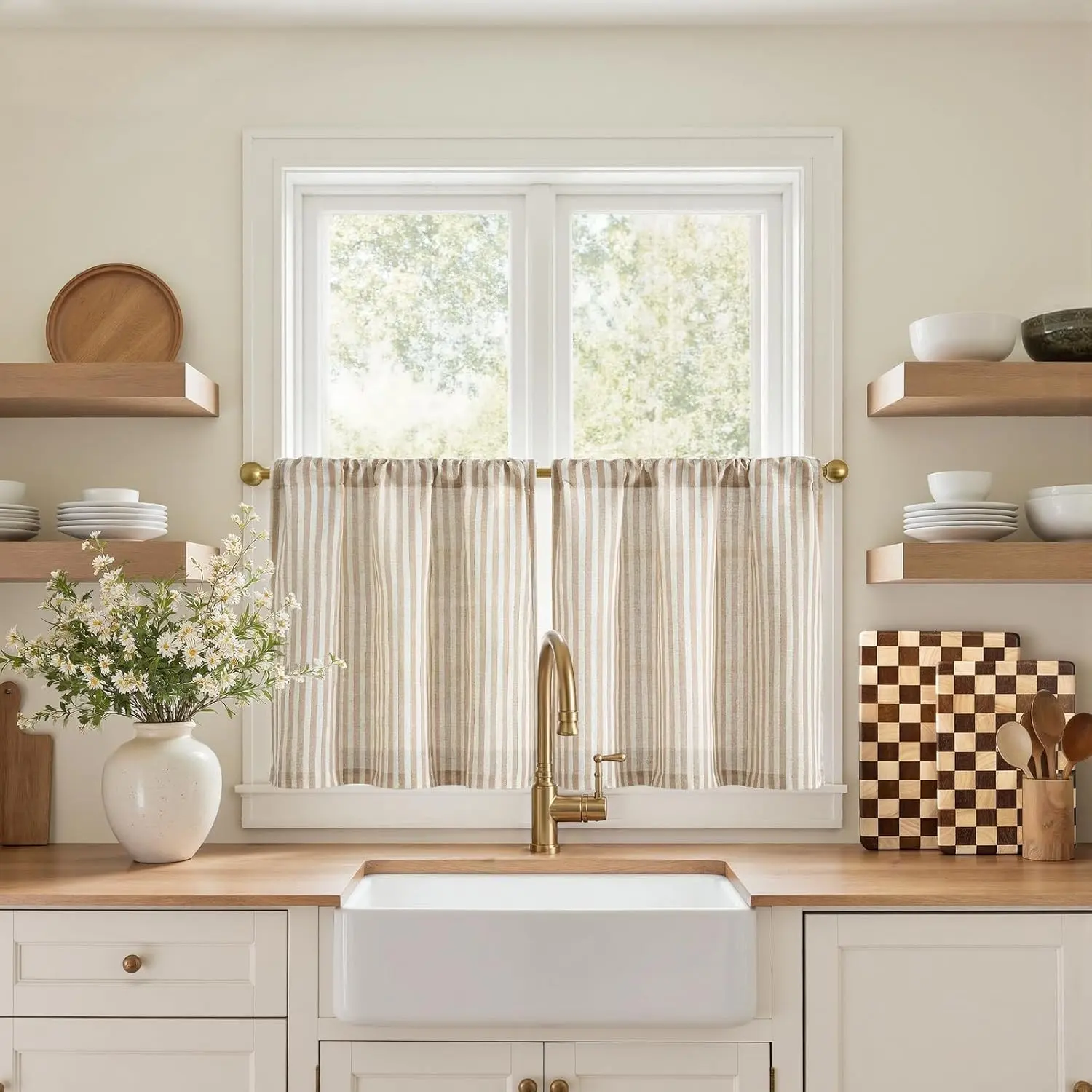 jinchan Striped Linen Blend Kitchen Tier Curtains, 20 Inch Tan, 2 Panels, Light Filtering Rod Pocket Short Curtains for Farmhouse Kitchen, Bathroom, Laundry Room, Small Windows