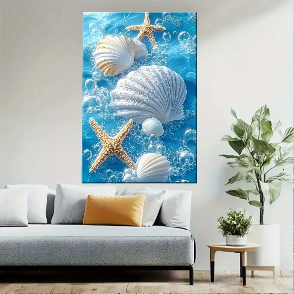 Elegant shell wall art with wooden frame--underwater scene with white conches and starfish, suitable for living room, bedroom, or office decoration, living room art piece| Underwater Theme Art| Durable frame art, beach-themed decoration