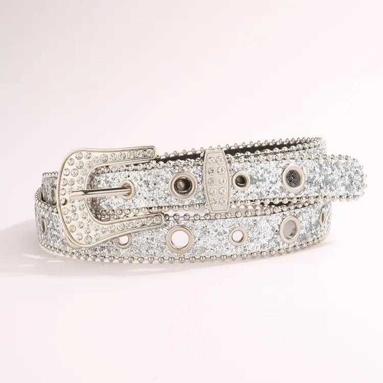 Women's Glitter Sequin Waist Belt - Rhinestone-Encrusted Pin Buckle, Beaded Trim Eyelet Strap, Y2K Sparkly Decor Belt for Jeans, Party Outfits (Black, Silver)