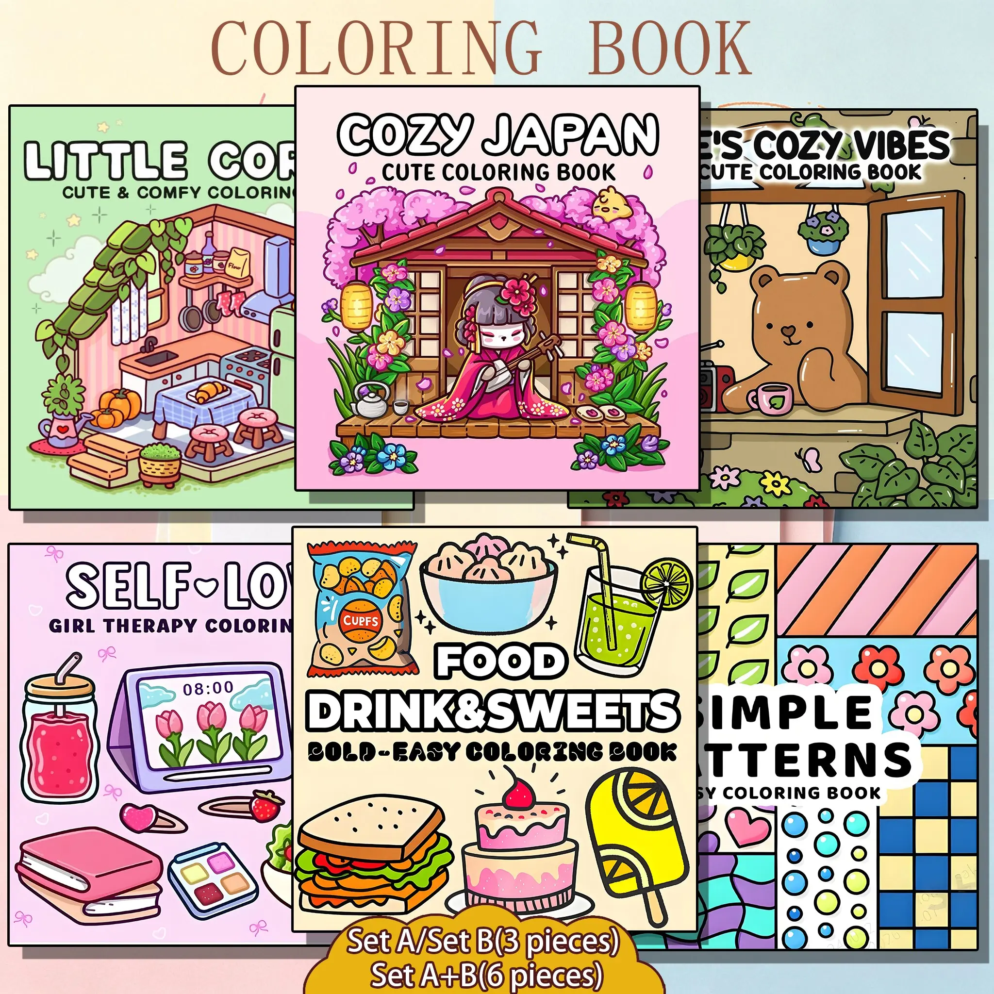3/6-Piece Cute Theme Coloring Book set,Bold Easy Lines,ASMR Coloring,Relaxing,Cute Aesthetic,Stress Relief Coloring Gift Book for Kids, IdealArt Supplies for Daily Drawing, Travel and BedtimeActivities,Cozy DIY Painting Supplies