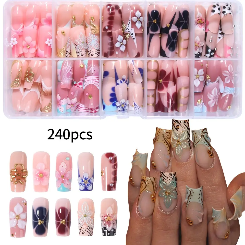 240pcs Long Square Press-On Nails, 3D Gel Flower Design, Gold Color, Acrylic False Nails Set, Includes Nail File & Jelly Glue