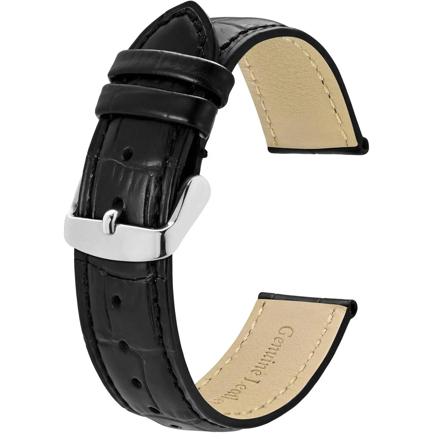 Unisex 20mm Alligator Embossed Leather Watch Bands - Adjustable Fit, Black with Silver Buckle, Compatible for Casual Wear