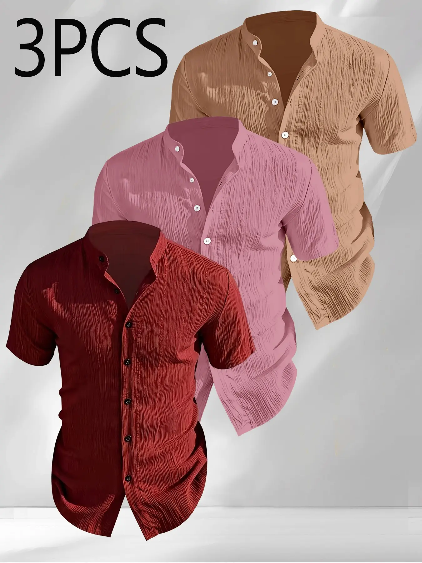 3-Pack Men's Solid Wrinkle Texture Stand Collar Short Sleeve Shirts, Lightweight Breathable Button-Down Casual Summer Shirts
