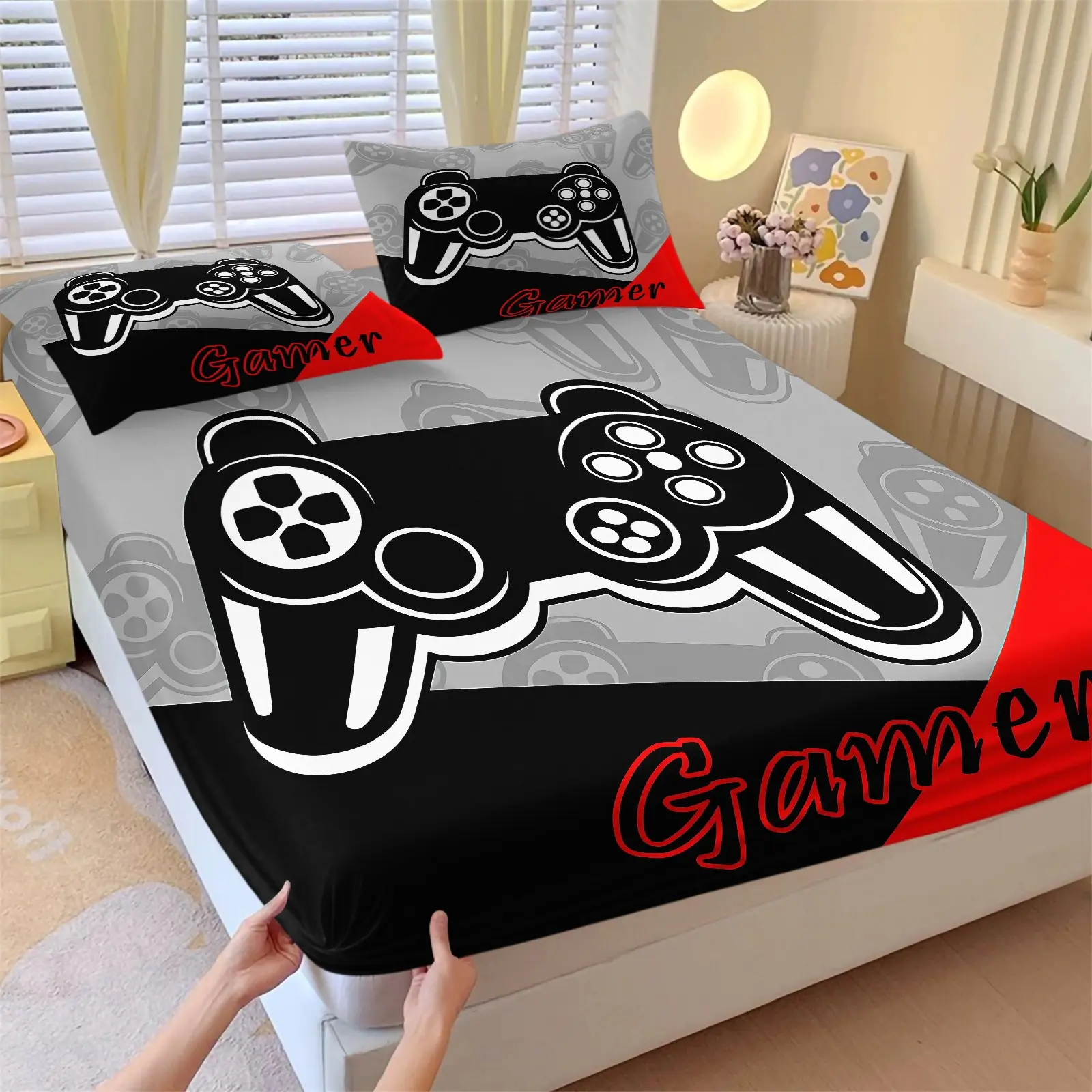 Elegant Black Red Gamer Gamepad Fitted Sheet Set - Breathable Polyester Fabric with Elastic Band, Machine Washable, All-Season Comfort - Includes 1 Fitted Sheet and 2 Pillowcases (Without Pillow Core)