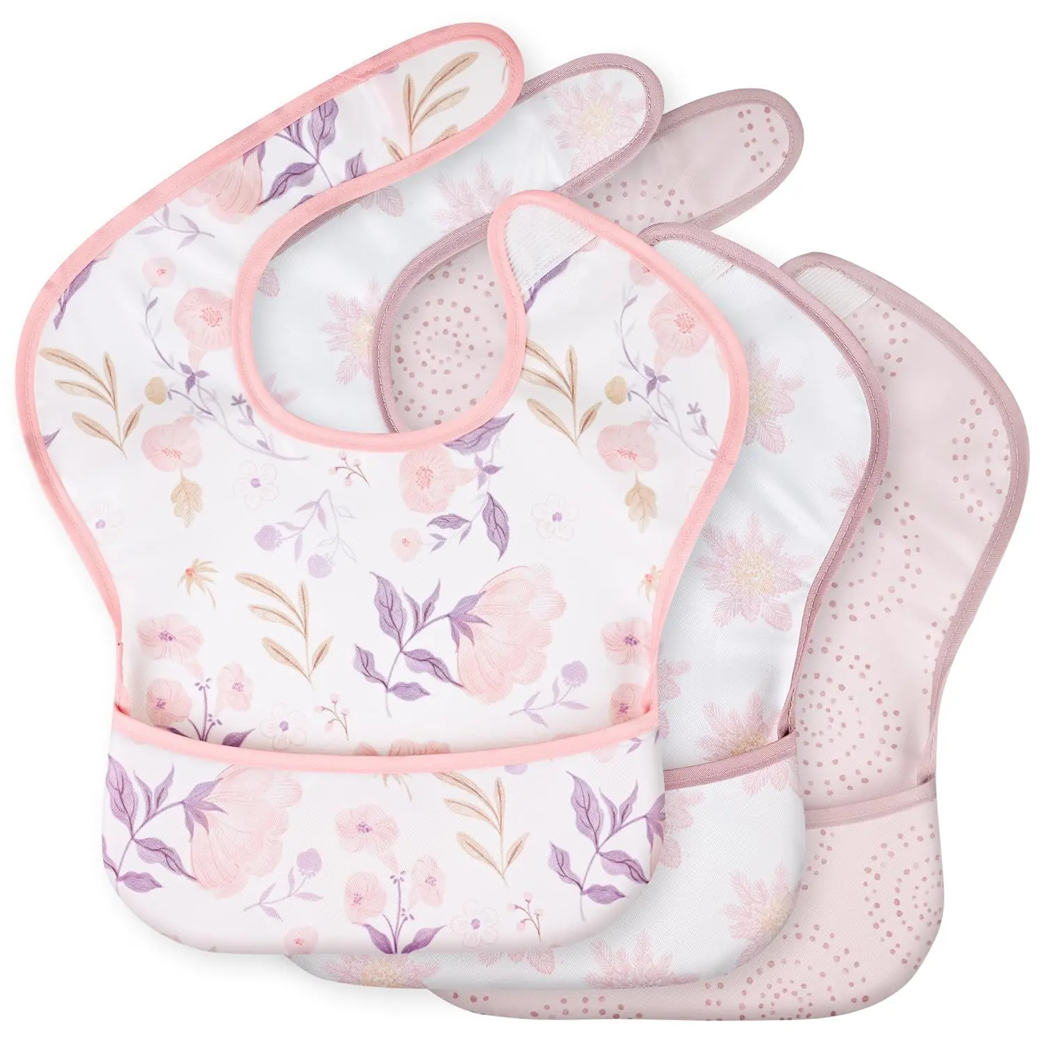 Baby Bibs 3-Pack, Cartoon Pink Blossom Waterproof Polyester Bibs for Babies, Adjustable Fit, Mess-Proof Food Catcher, Certified Safe Materials