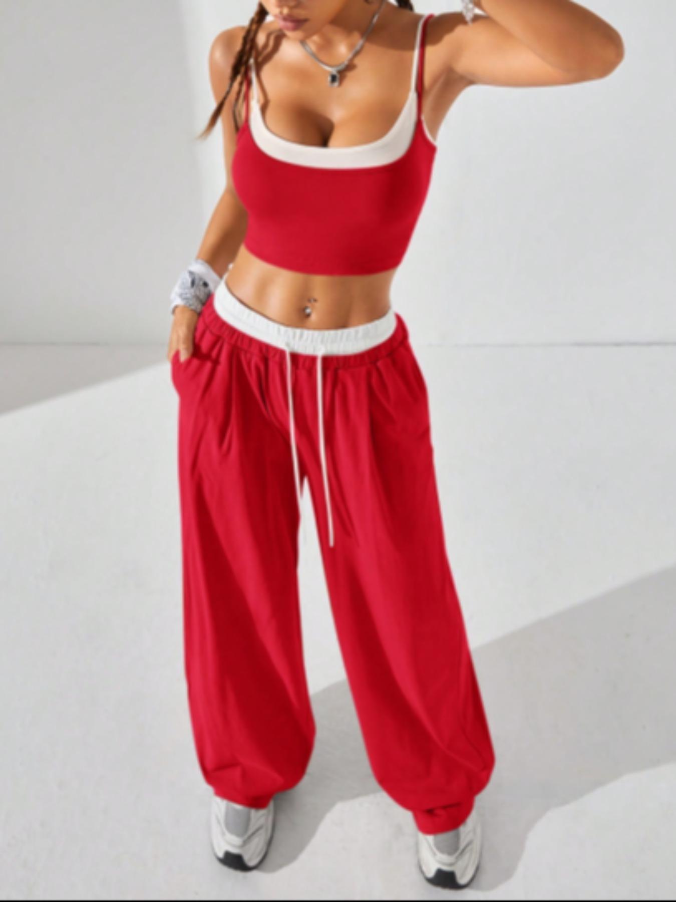 Two-Piece Set Women's Colorblock 2 in 1 Cami Top & Wide Leg Pants Set, Casual Sleeveless Top & Pocket Trousers, Ladies Summer Clothes, Casual Lounge Set, Stretchy Outfit Sets