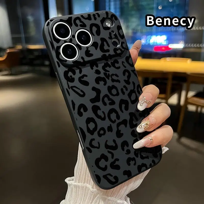 Soft Silicone TPU Straight Edge Protective Phone Case Casing - Black Vintage Leopard Print, Matte Finish, Modern Look, Rugged Anti-Drop Shockproof Anti-Scratch Full Coverage for iPhone 18/17/16 E Pro Max/16 Plus/15 Plus/14/13/12/11/Air