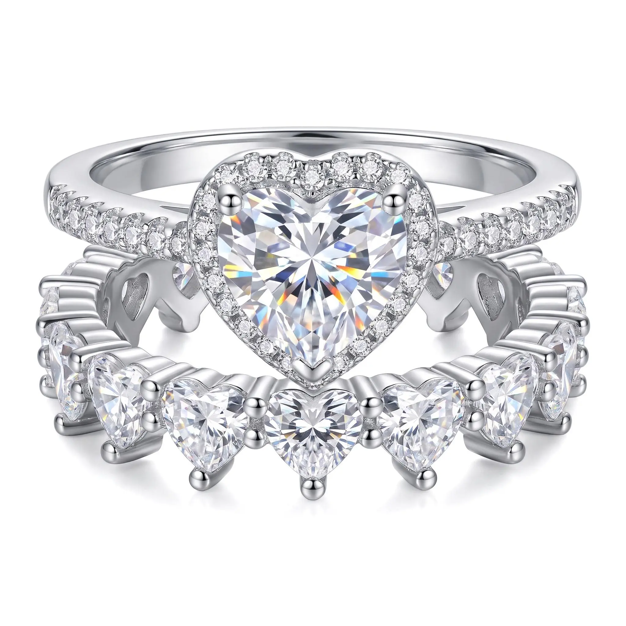 Women's Silver 2-Piece Heart Crown Stacking Ring Set - Cube Heart Solitaire, Layered Wear, Romantic Cute, Ideal Anniversary Gift for Parties/Events