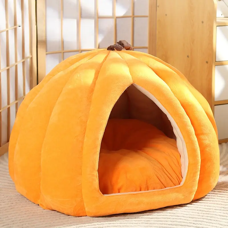 New Halloween Pumpkin Cat Bed, Thick Windproof Warm Enclosed Pet House, Soft Comfortable Sleep Rest Room, for Cats and Small Dogs Indoor Use