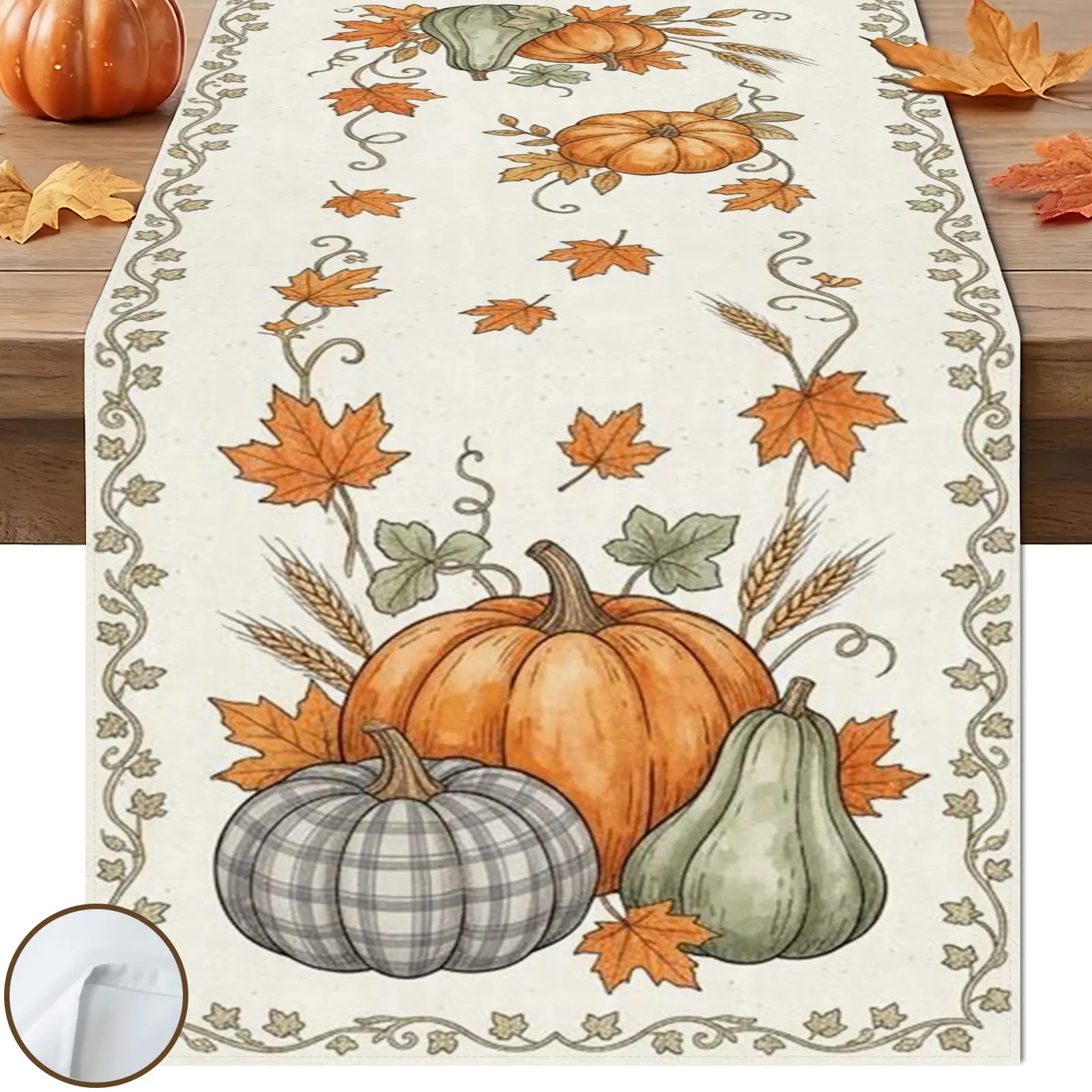 1pc Plaid Patchwork Pumpkin Table Runner, Modern Farmhouse Style, Beige Orange Grey Green Patchwork Pumpkin Wheat Vine Border Pattern, for Fall Autumn Home Table Decor.