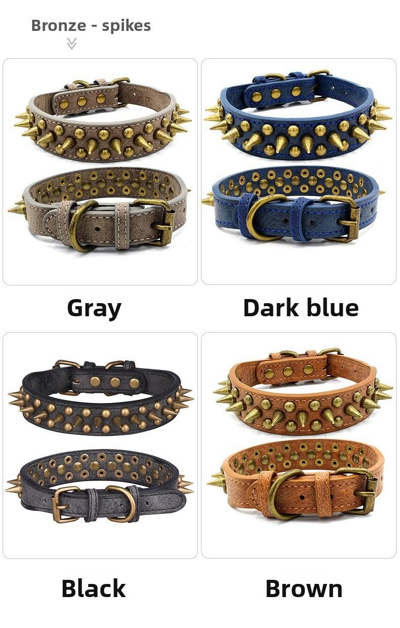Spiked Leather Dog Collar, Heavy Duty Anti Chew Adjustable Dog Collar with Metal Buckle for Medium to Large Dogs, Punk Style Pet Collar for Walking Training