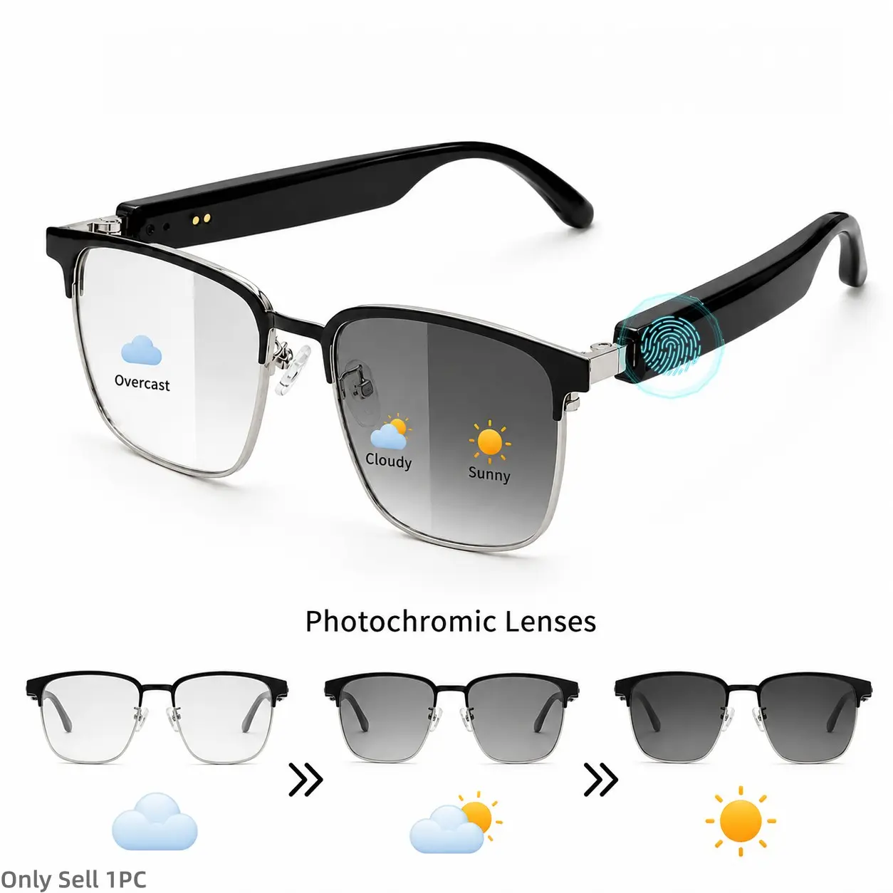 Photochromic Smart Glasses for Men Women, Bluetooth Wireless Open-Ear Audio Glasses with Color Changing Lenses, Hands-Free Calls, Touch Control, Voice Assistant, UV400 Protection