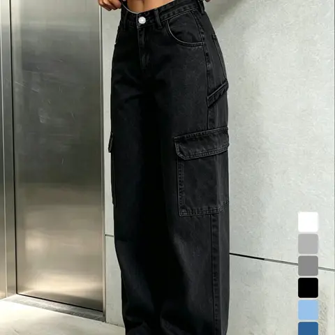 Nvfelix American Vintage Solid Color High Street Cargo Jeans for Women, Loose Fit Wide Leg Multi-Pocket Casual Long Pants, Fall Season, Denim Cargo Jeans