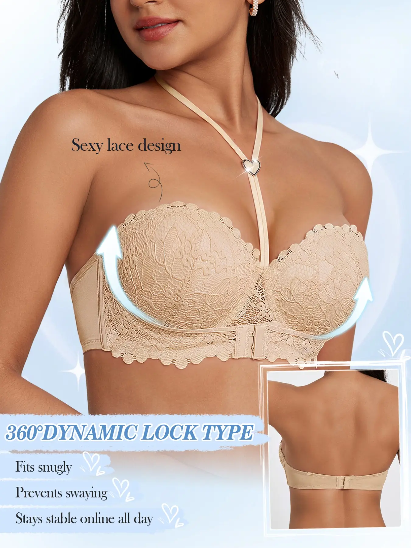 Women's Elegant Lace Front Closure Halter Bra, Underwire Push Up Bandeau Bra, Strapless Backless Bralette with Heart Clasp, Multiway Convertible Bra for Off Shoulder & Everyday Wear