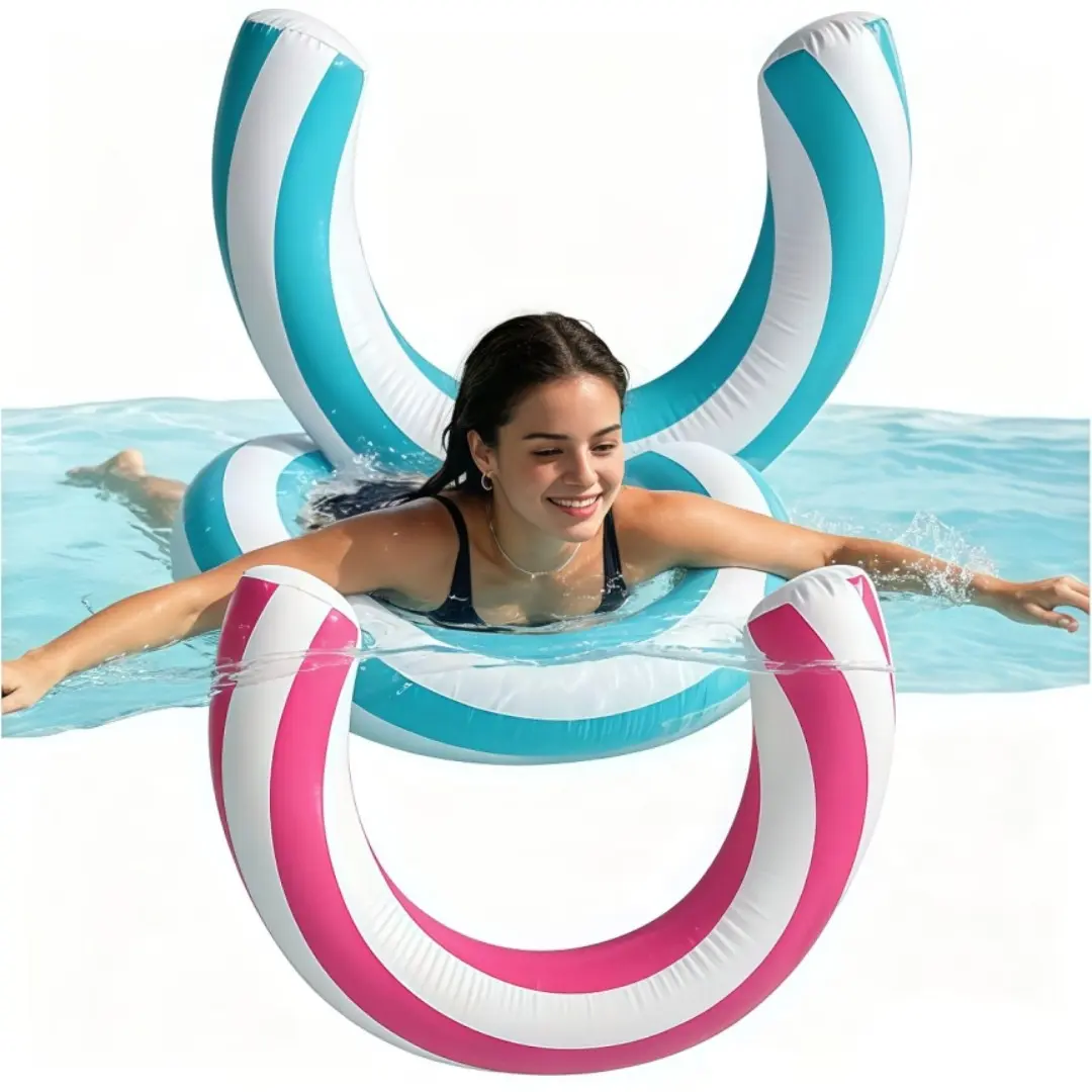 2 Pack 29.53 x 23.62 Inch Inflatable Curved Pool Noodles Adult Inflatable Pool Floating Noodles Suitable for Swimming Travel Pink Blue Stripe Pool Floating Toy Summer Party Beach Water Game Supplies