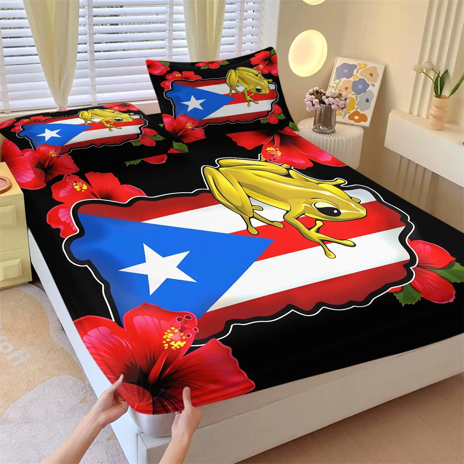 Vintage Boricua Puerto Rican Flag Coqui Frog Tropical Red Hibiscus Fitted Sheet Set, 1 Fitted Sheet and 1-2 Coreless Pillowcases, Skin-Friendly Soft Fabric, Deep Pocket Non-Slip Mattress Cover, Meaningful Souvenir Gift For Puerto Rico Lovers