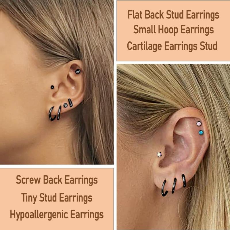 FIBO STEEL 21 Pairs Surgical Steel Flat Back Earrings Hypoallergenic 20G Screw Back Cartilage CZ Stud Earring Stacks Piercing Jewelry for Women - Cubic Zirconia Grillz