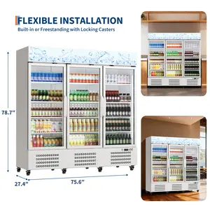 75.6" 55 Cu.Ft Commercial Beverage Refrigerator – Triple Glass Door Display Cooler with Custom Lightbox – 8 Castors – ETL Certified Merchandiser Fridge – Appropriate for Supermarkets, Liquor Stores, Bars, Nightclubs – White