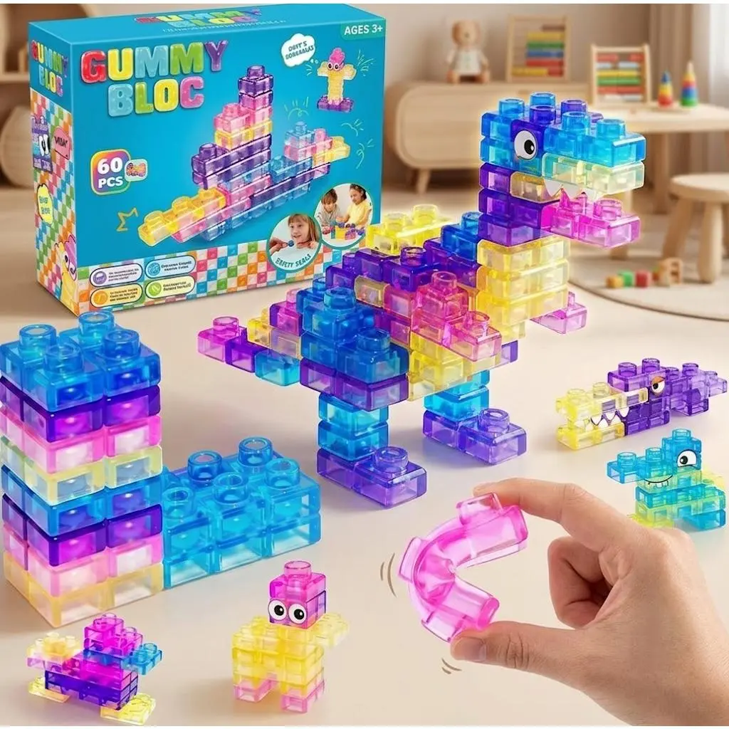Gummy Bloc  Flexible Building Blocks for Toddlers - Soft Squishy Sensory Toys, Bendable STEM Stacking Toy for Kids Boys Girls Ages 3+