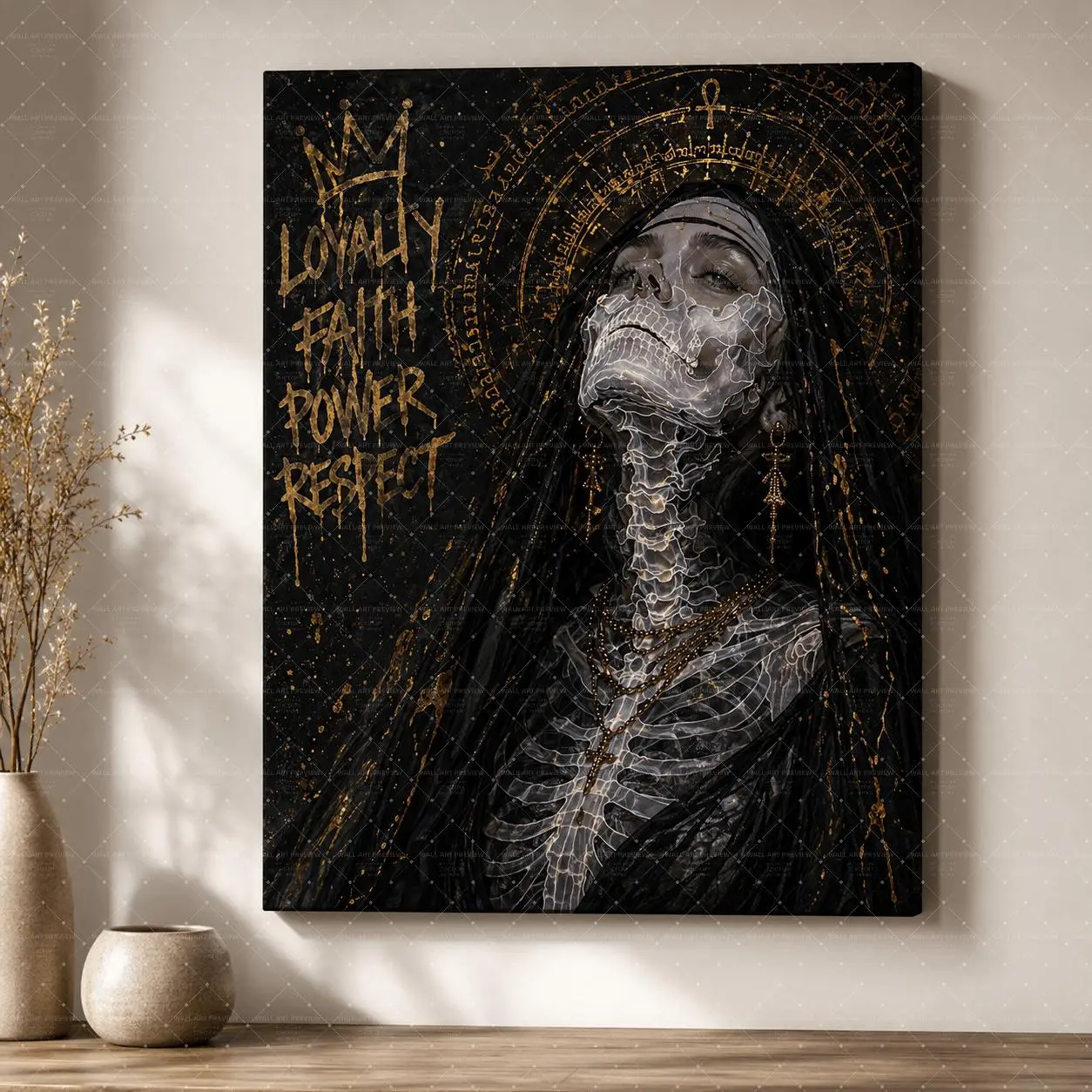 Gothic Dark Wall Art Canvas Poster| Loyalty Faith Power Respect Skeleton Queen Canvas Print| Black Gold Gothic Decor for Living Room Bedroom Studio,wall decor,poster.