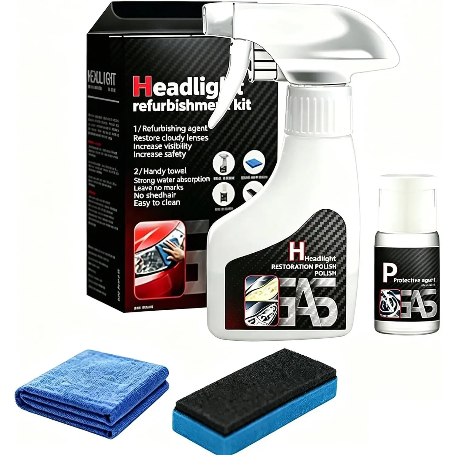 2-in-1 Headlight Restoration Kit, Oxidation Fixer & Cleaner Fluid for Cloudy/Yellowing Headlamps with Clarity Coating