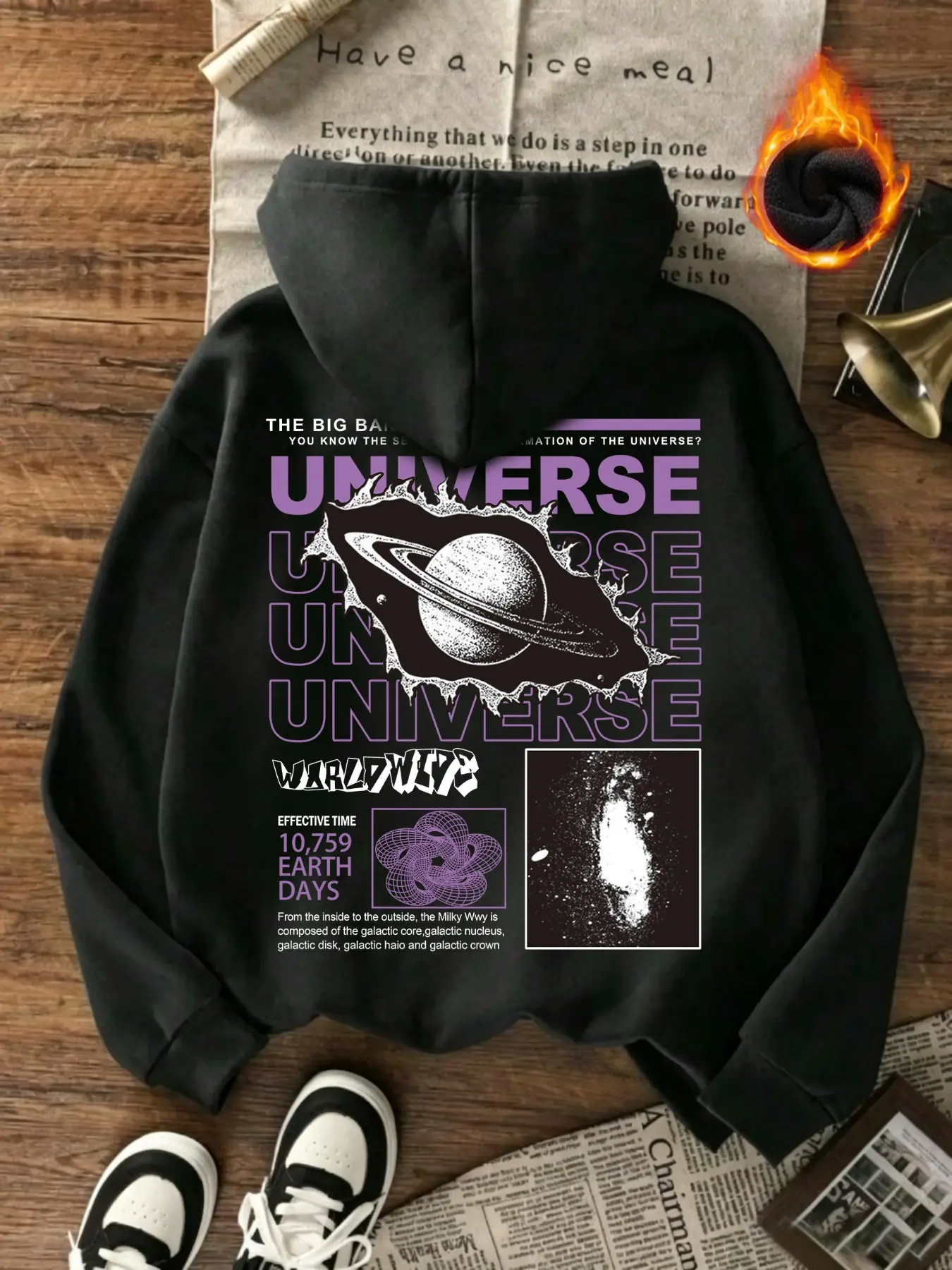 Saturn Print Hoodie, Drop Shoulder Neutral Pullover, Space Age Streetwear, Perfect for Street Photography, Daily Campus Wear