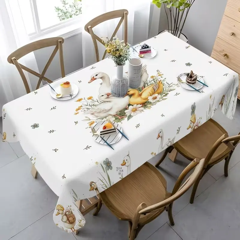2D Flat Party Tablecloth 1pc, Cute Duck Pattern, Rectangular Dining Table Cover, Festival Party Decor, No Power Required