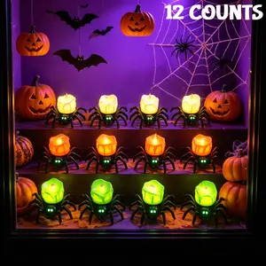 12pcs Glowing Spider Candles Halloween Night Light Decor, Three Color Combinations, Desktop Decoration, Horror Theme, Festival Atmosphere