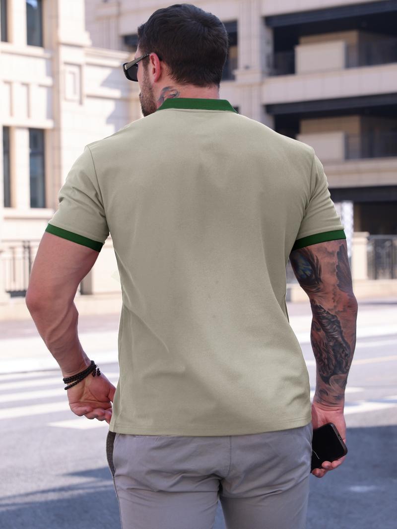 Men's Colorblock Short Sleeve Casual Collared Polo Shirt, Regular Fit Fashion Comfy Half Placket Top for Summer, Men's Clothes for Outdoor Wear, Menswear