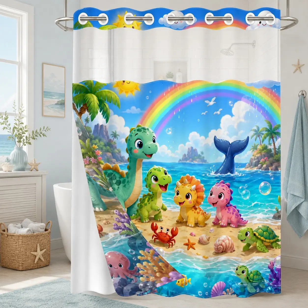 1Pc Hookless Waterproof Shower Curtain And Liner, Lovely Cartoon Dinosaur Beach Ocean Print, Quick Dry Mildew Proof Fabric, Removable Snap-in Liner Accessory, Top See-Through Window, Kids Cute Divider Curtain, Pretty Shower Curtain 71×74 Inch
