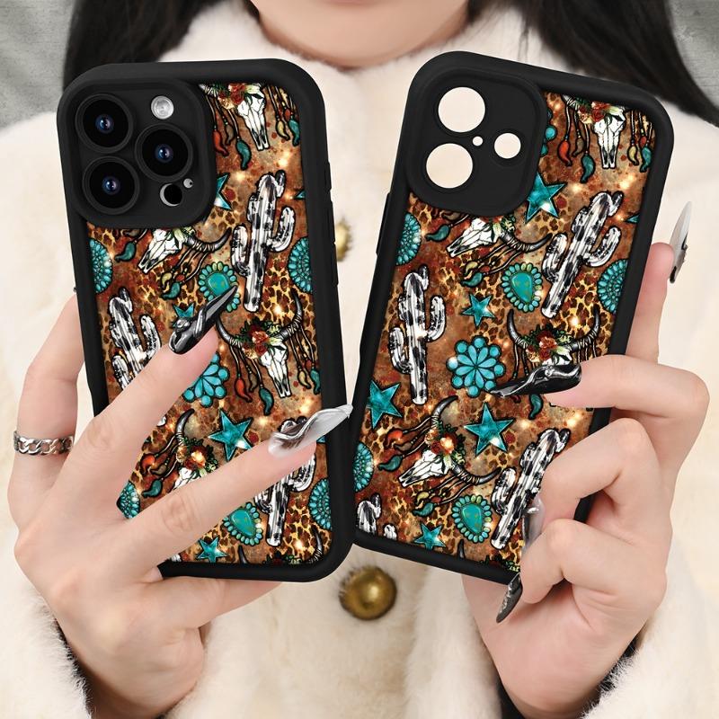 Western Cow Bone And Cactus Pattern Case for iPhone 16 15 14 Pro Max 13 12 11 XR XS E Plus Shockproof Non Slip Military-Grade Protection Silicone Cover