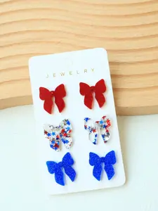 3 Pairs of, Blue, Bow Earrings, Earring Set, National Flag Colors, Cute Glitter Bling, Creative Gift for Women, Party Decoration