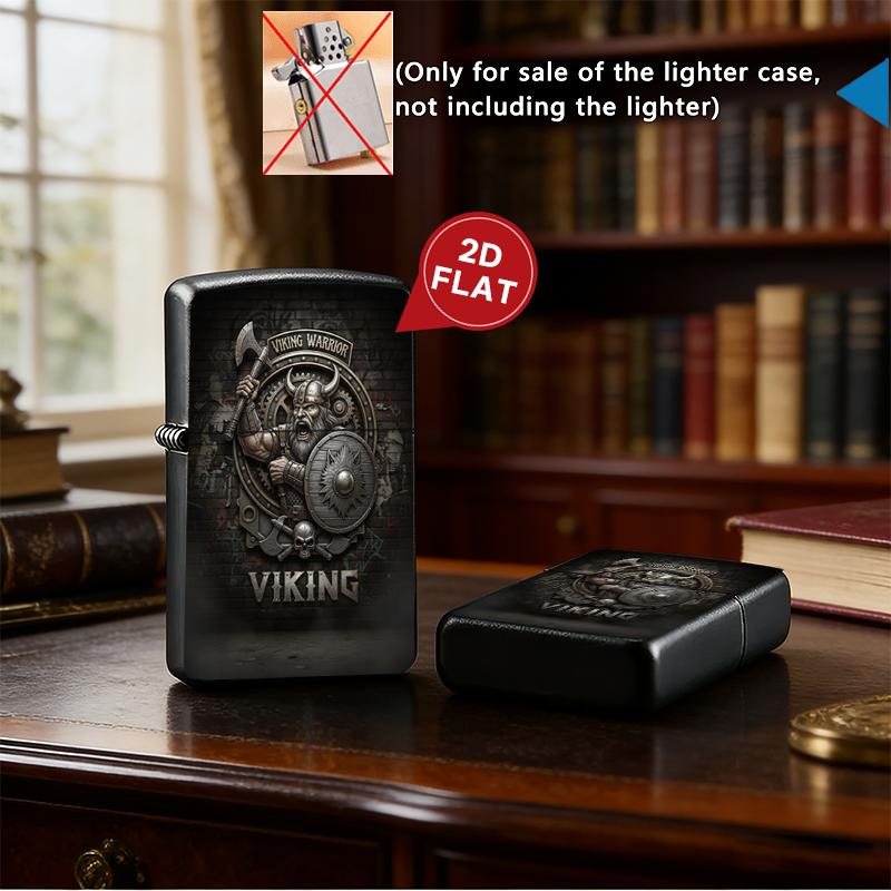 Viking Warrior Plastic Cigarette Case + Metal Lighter Shell Set, Norse Axe Shield Skull Design, Dark Aesthetic Smoke Accessory, Gift for Men
