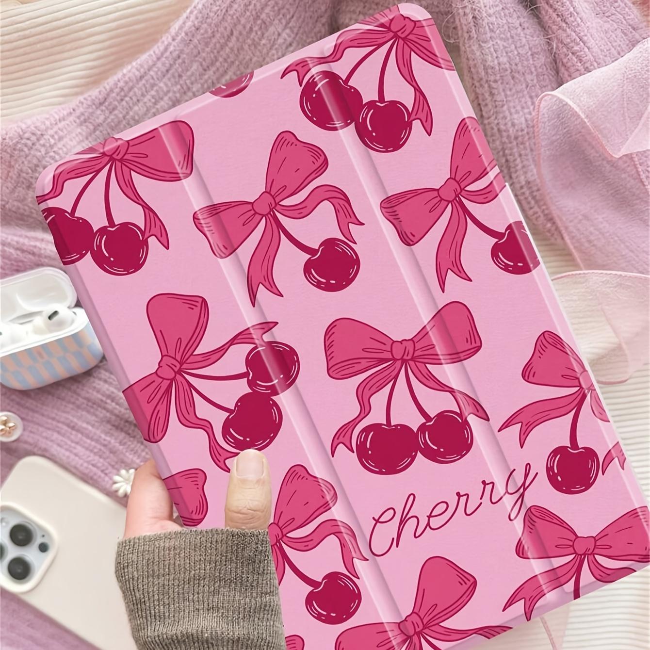 Pink cherry bow pattern, with adjustable bracket and pen slot, foldable non-slip TPU protective case, suitable for iPad mini, iPad Air, iPad Pro/iPad 10th generation, 11th generation and other series iPad protective cases