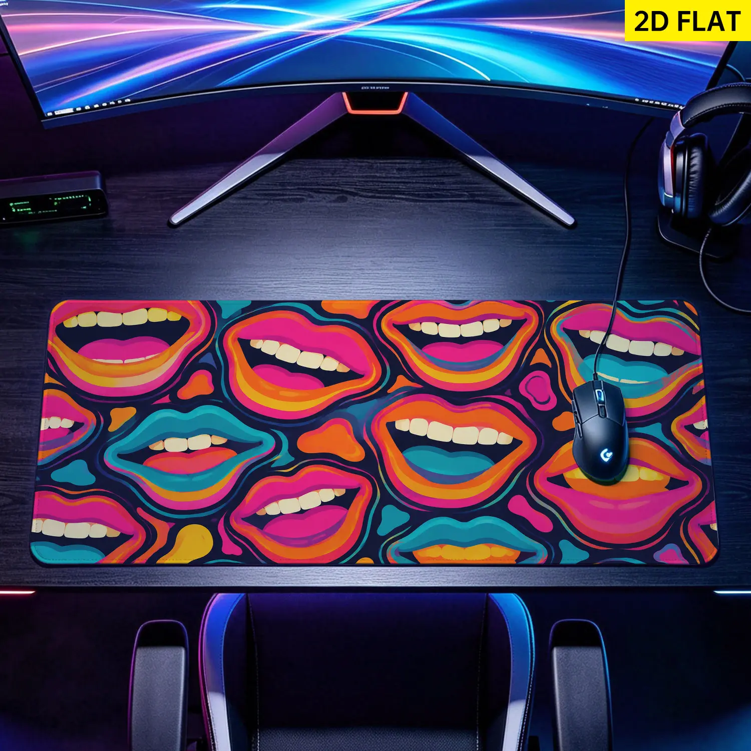 Extra Large colorful pop art lips pattern Mouse Pad, Non Slip Rubber Pad, Desktop Decoration Drotection Pad, Washable, Lock Edge Multi Size, Premium Multipurpose Mousepad For Home, Office, Gift for Family and Friends