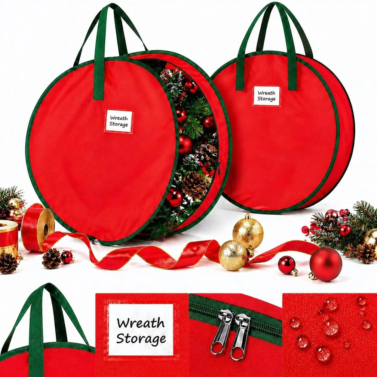 Red Holiday Wreath Storage Bags (2-Pack) - Protective Durable Fabric Organizers with Handles, Round Shape Design for Wreath Safe Storage, Space-Saving Home Organizer for Christmas Decor