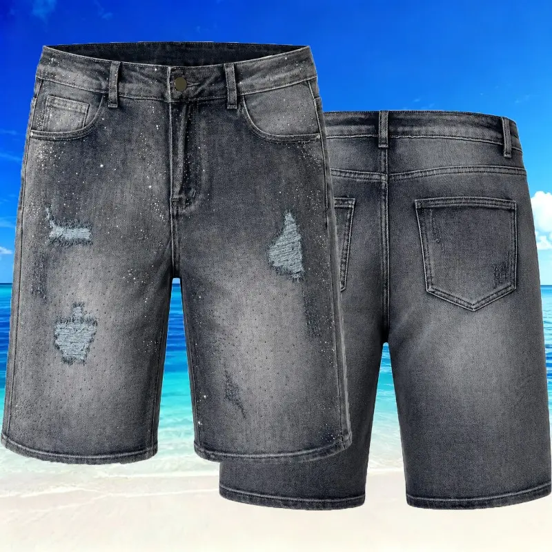 Men All Over Sprinkled Rhinestone Distressed Denim Shorts Vintage Grey Acid Wash Knee Length Regular Fit Zip Fly Five Pocket Y2K Hip Hop Party Streetwear Summer Jean Jorts