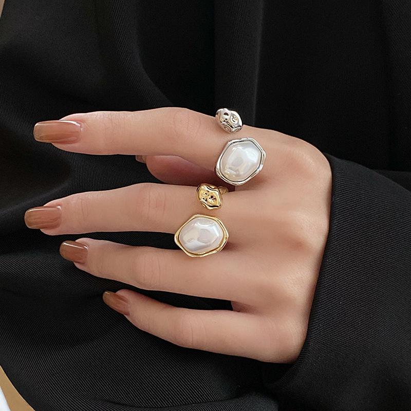 Irregular oval pearl open ring, European and American design, fashionable and creative, gold and silver color, popular online style women's ring