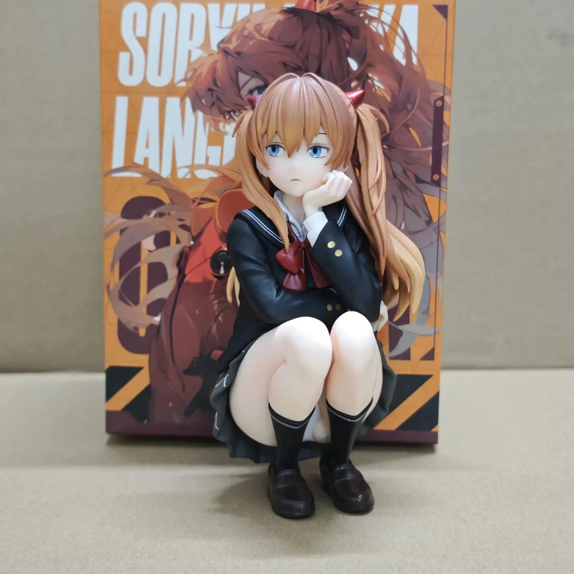 Eva Asuka Langley Soryu School Uniform Action Figure Gospel Warrior Collectible Hand-Made Ornament Beautiful Girl Squat Posture
