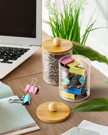 4 Pack Qtip Holder Dispenser with Bamboo Lids - 10 oz Clear Plastic Apothecary Jar Containers for Vanity Makeup Organizer Storage - Bathroom Accessories Set for Cotton Swab, Ball, Pads, Floss