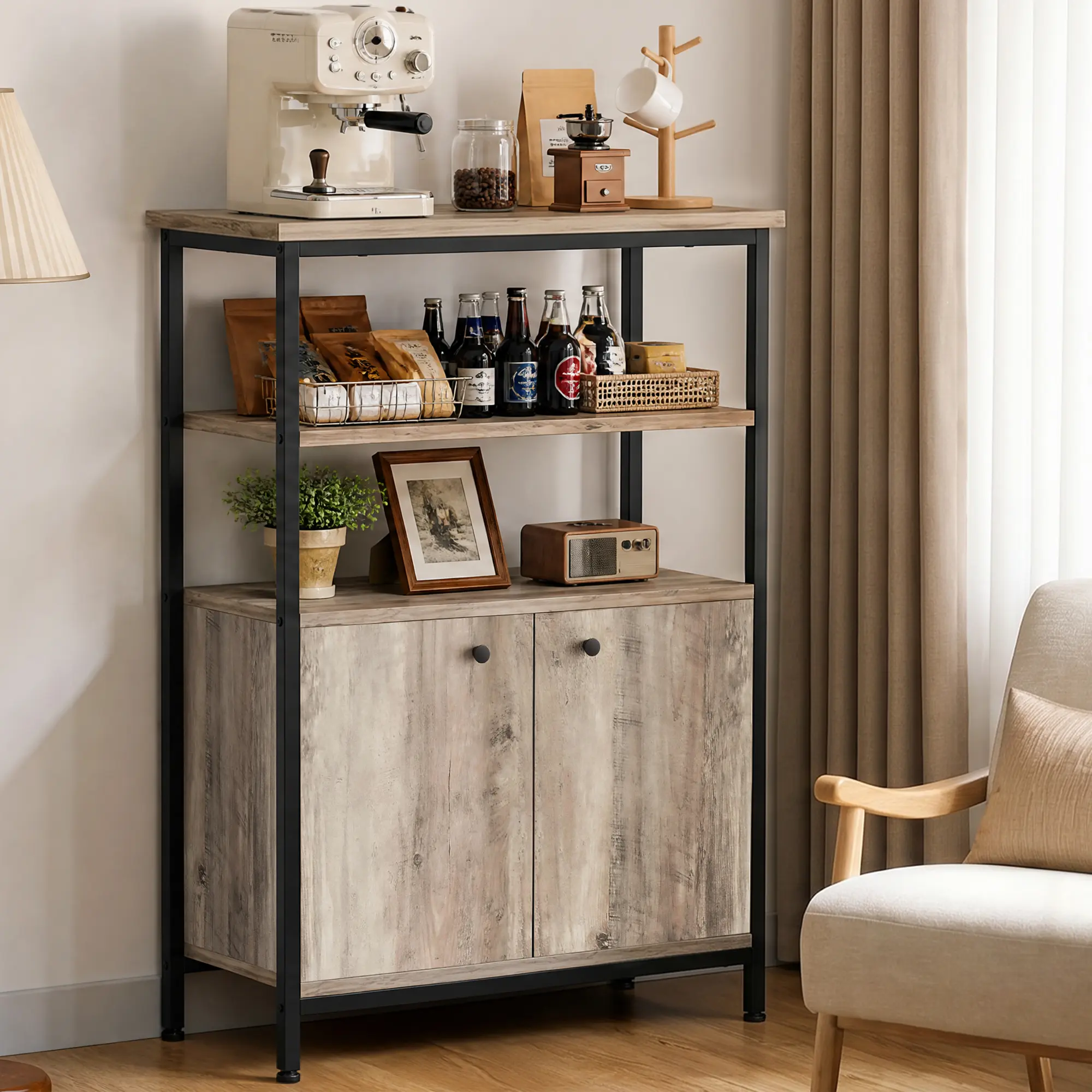 Industrial Farmhouse Coffee Bar Cabinet with 2 Doors and Open Shelves Wood Sideboard Buffet Organizer for Kitchen Dining Room Home Space Saving